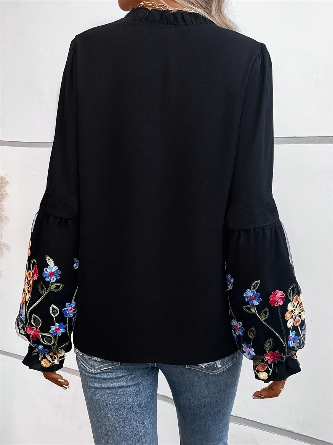 Get trendy with Embroidered Notched Long Sleeve Blouse -  available at Styles Code. Grab yours today!