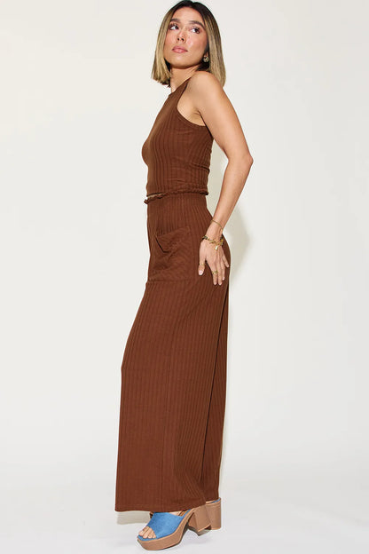 Get trendy with Ribbed Tank & Wide Leg Pants Set - Two Piece Sets available at Styles Code. Grab yours today!