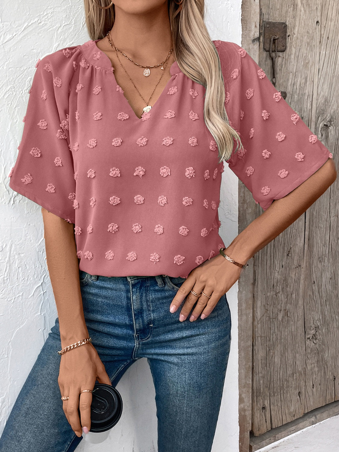 Get trendy with Swiss Dot Notched Half Sleeve Blouse - Blouse available at Styles Code. Grab yours today!