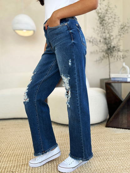 Get trendy with Judy Blue Full Size Mid Rise Distressed Raw Hem Jeans - Plus Size available at Styles Code. Grab yours today!