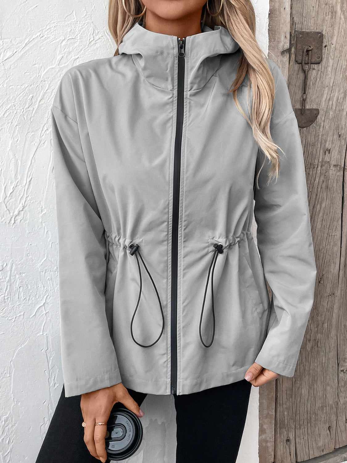 Get trendy with Drawstring Zip Up Hooded Jacket - Jacket available at Styles Code. Grab yours today!