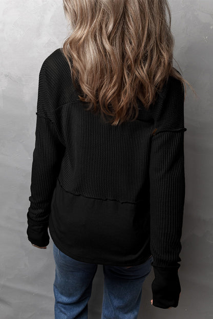 Get trendy with Waffle-Knit Exposed Seam Notched Long Sleeve Top -  available at Styles Code. Grab yours today!