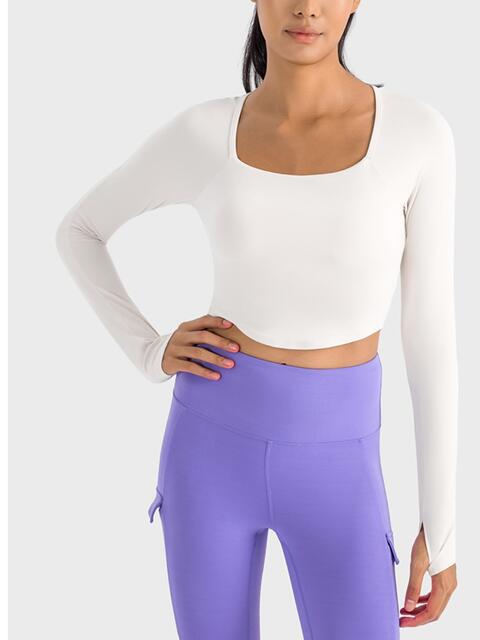 Get trendy with Millennia Square Neck Long Sleeve Cropped Sports Top - Activewear available at Styles Code. Grab yours today!