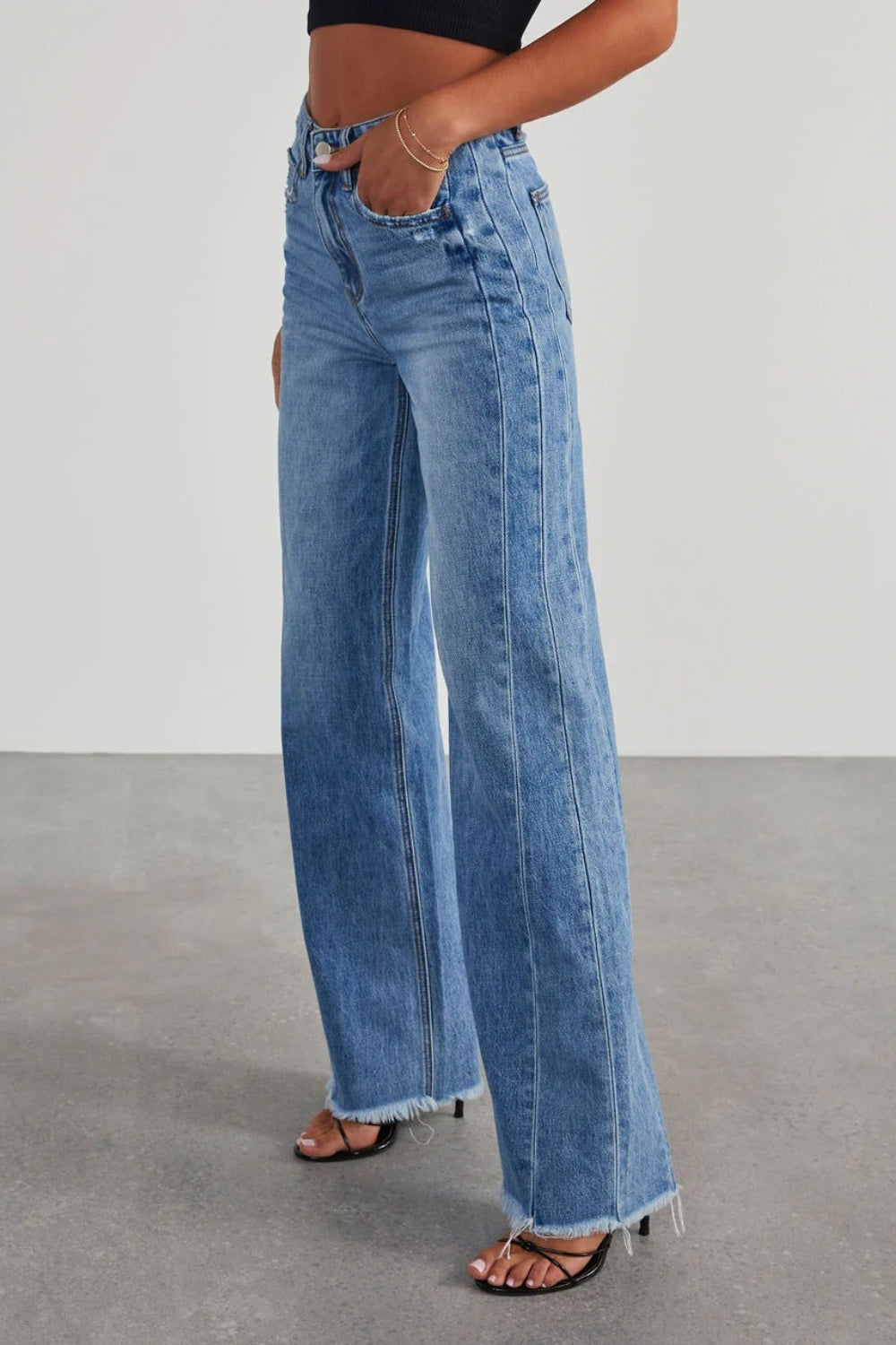 Get trendy with Raw Hem Wide Leg Jeans with Pockets - Jeans available at Styles Code. Grab yours today!