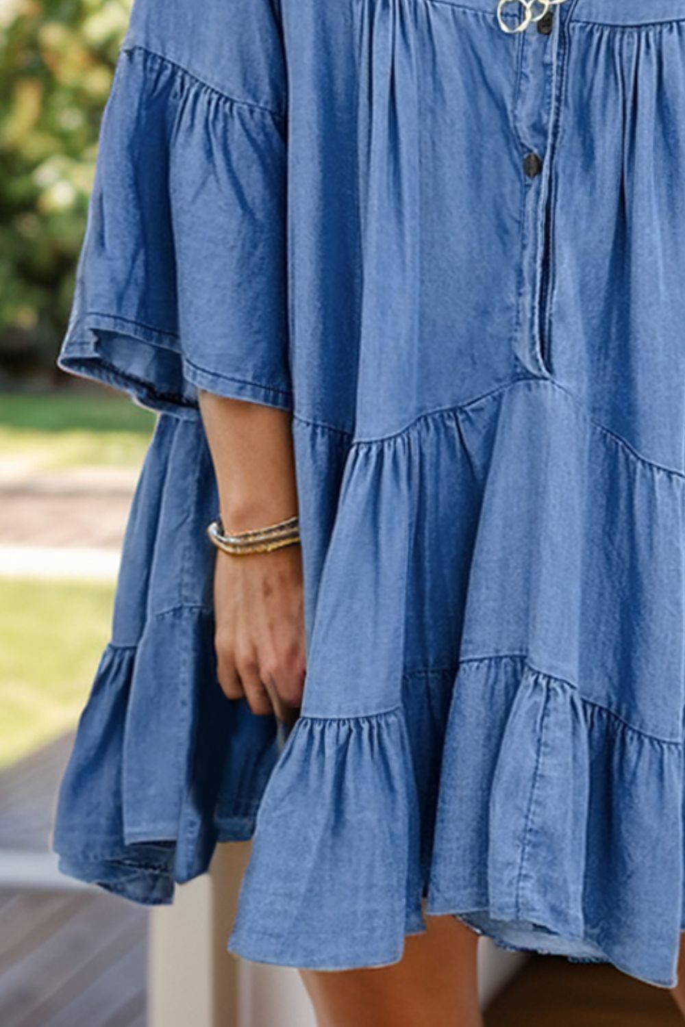 Get trendy with Notched Flare Sleeve Denim Dress - Denim Dress available at Styles Code. Grab yours today!