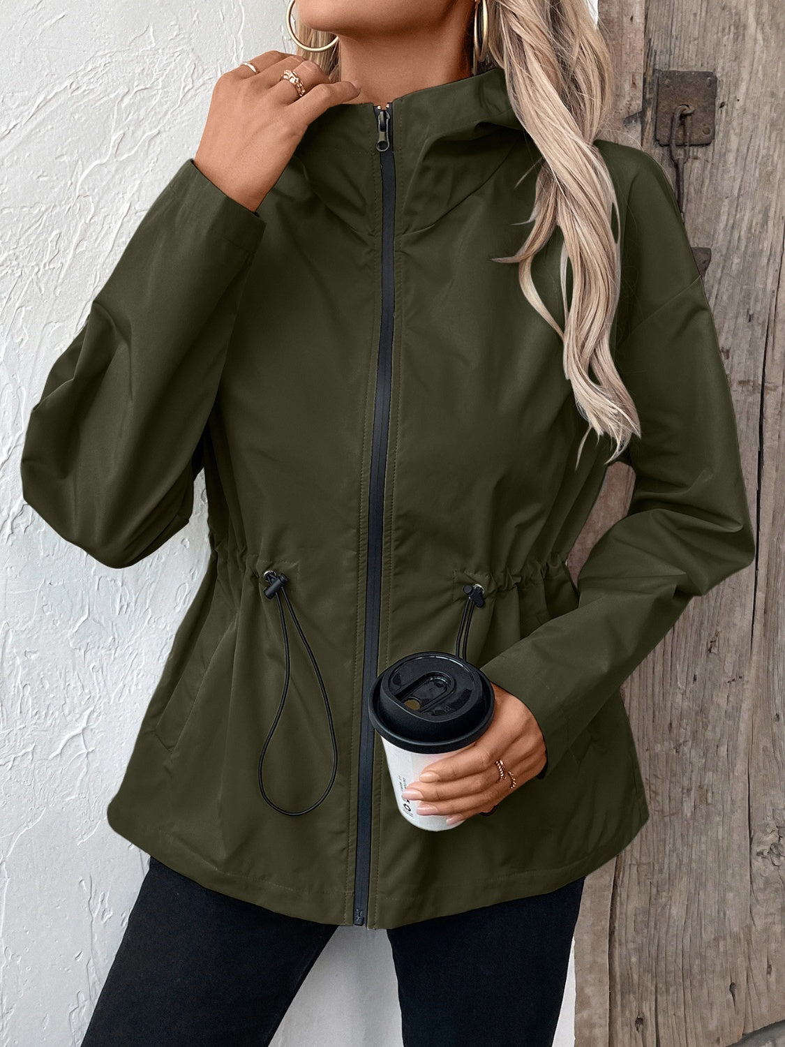 Get trendy with Drawstring Zip Up Hooded Jacket - Jacket available at Styles Code. Grab yours today!