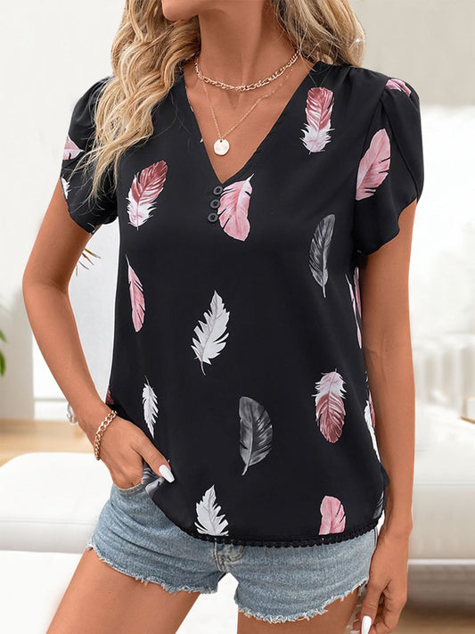 Get trendy with Printed V-Neck Short Sleeve Blouse - Top available at Styles Code. Grab yours today!