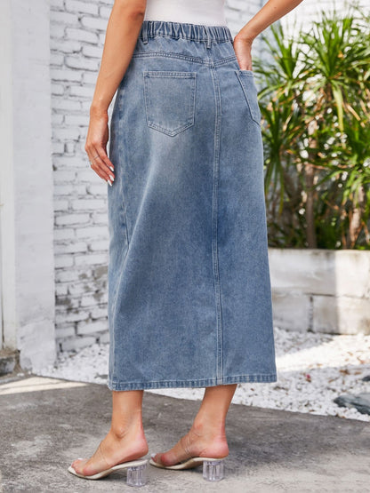 Get trendy with Slit Midi Denim Skirt with Pockets - Denim Dress available at Styles Code. Grab yours today!