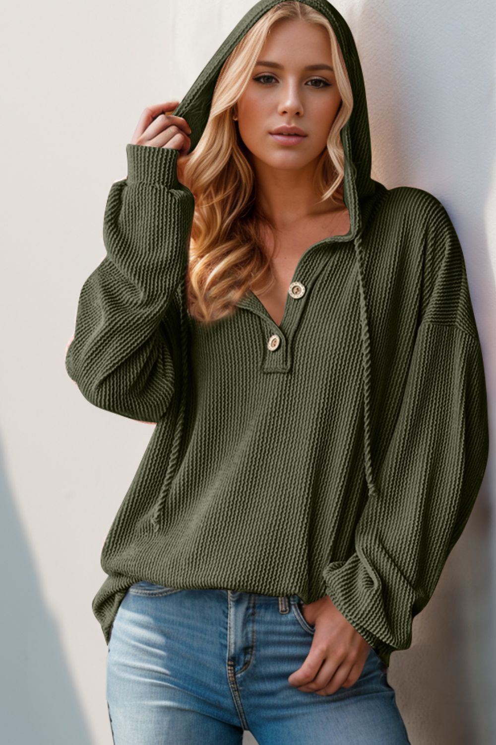 Get trendy with Double Take Full Size Half Button Long Sleeve Hoodie -  available at Styles Code. Grab yours today!