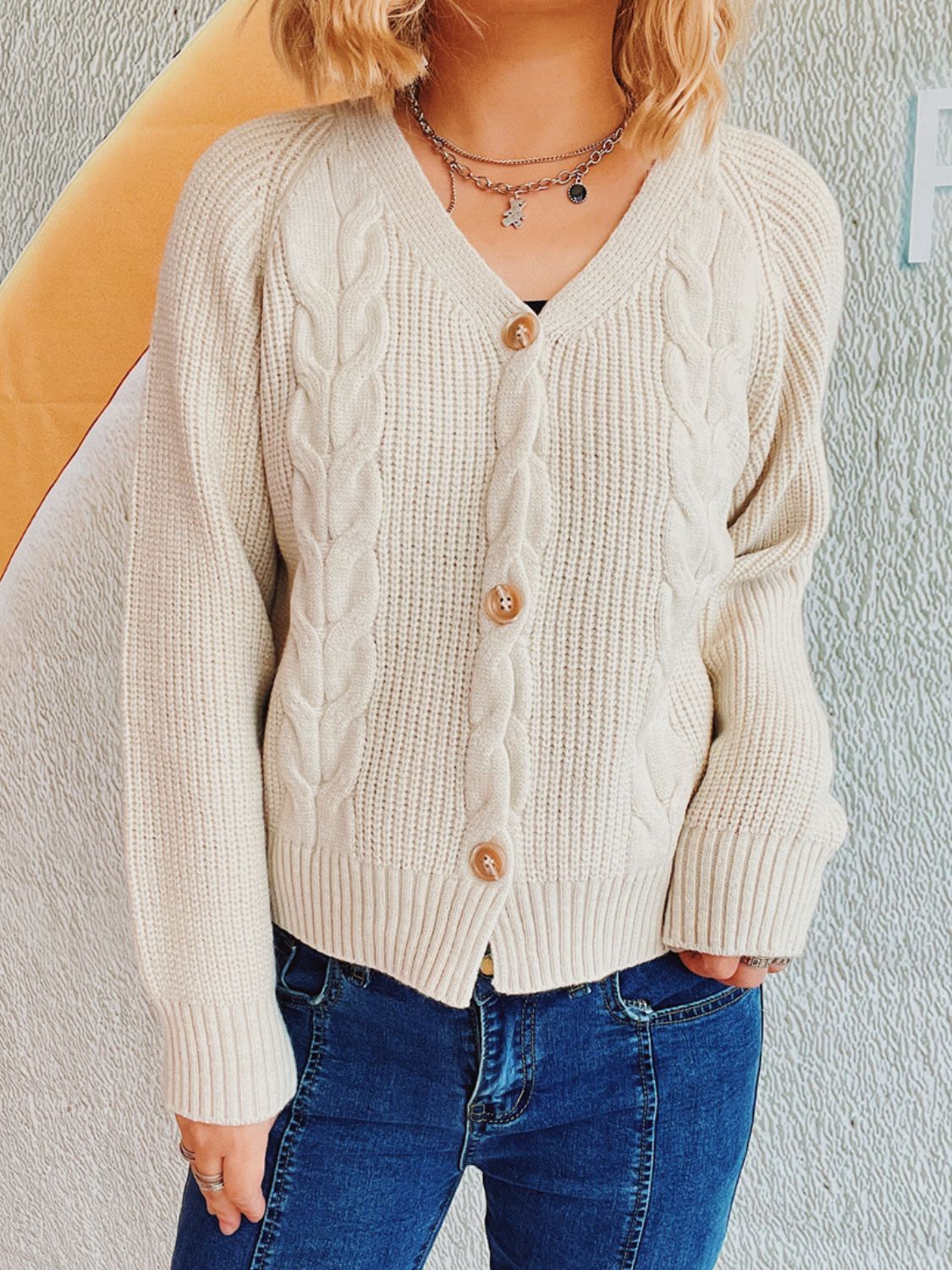 Get trendy with Cable-Knit V-Neck Cardigan - Cardigans available at Styles Code. Grab yours today!