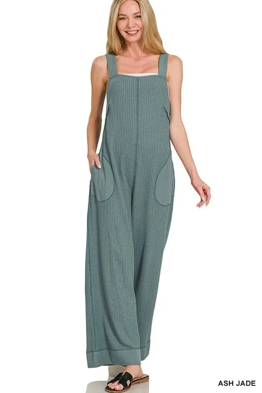 Get trendy with Knit Waffle Wide Leg Overalls - Jumpsuit available at Styles Code. Grab yours today!
