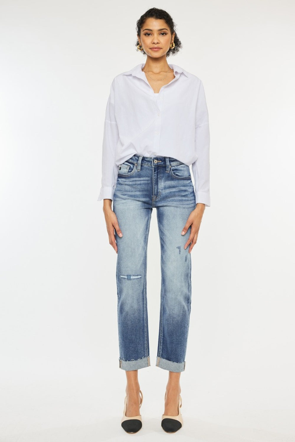 Get trendy with High Rise Cuffed Straight Jeans - Jeans available at Styles Code. Grab yours today!