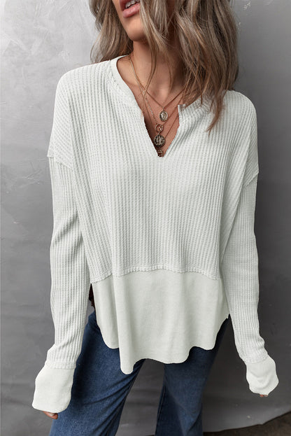 Get trendy with Waffle-Knit Exposed Seam Notched Long Sleeve Top -  available at Styles Code. Grab yours today!