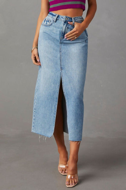 Get trendy with Slit Raw Hem Midi Denim Skirt -  available at Styles Code. Grab yours today!