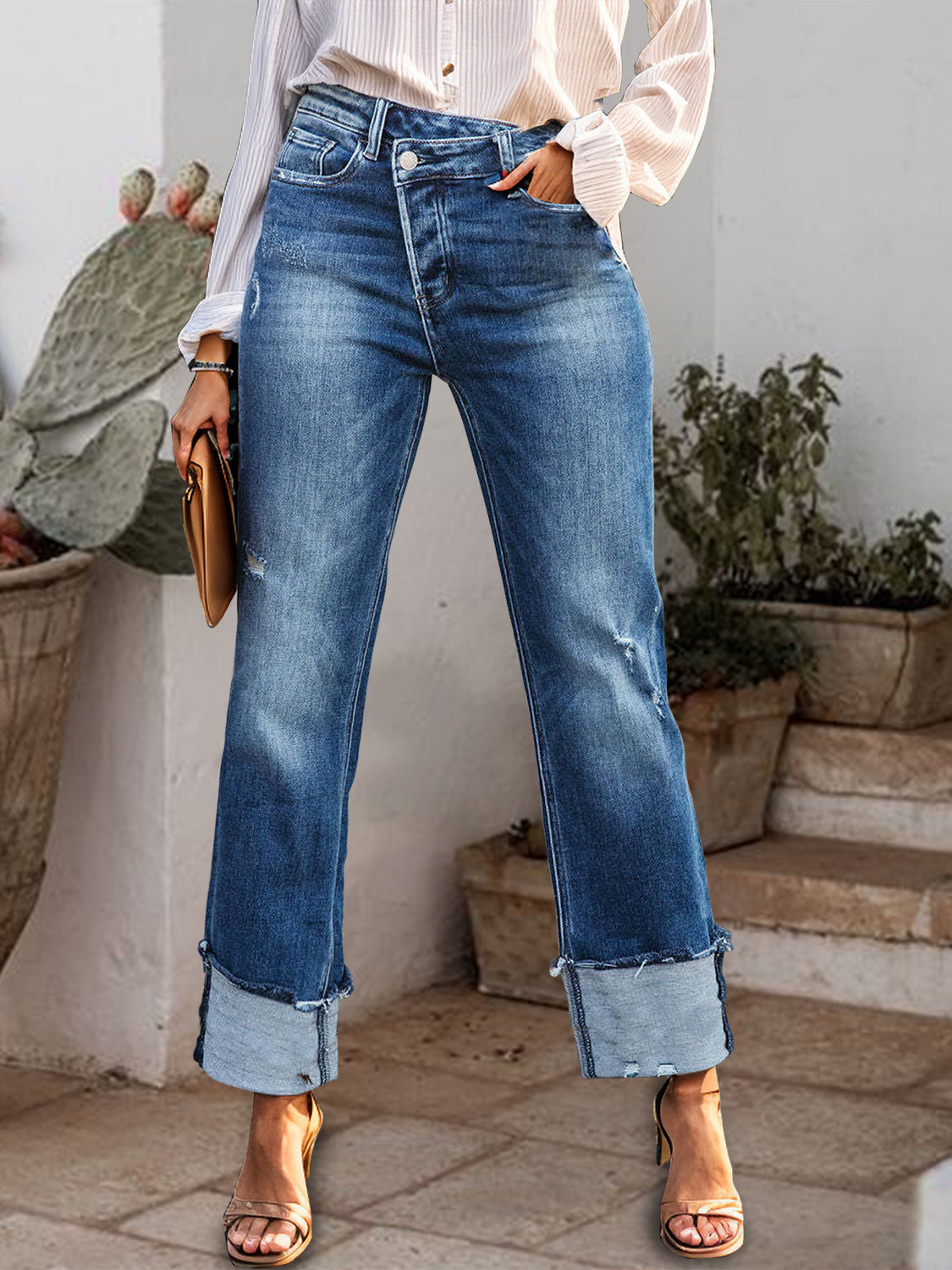 Get trendy with Stepped Waist Rolled Straight Jeans - Jeans available at Styles Code. Grab yours today!