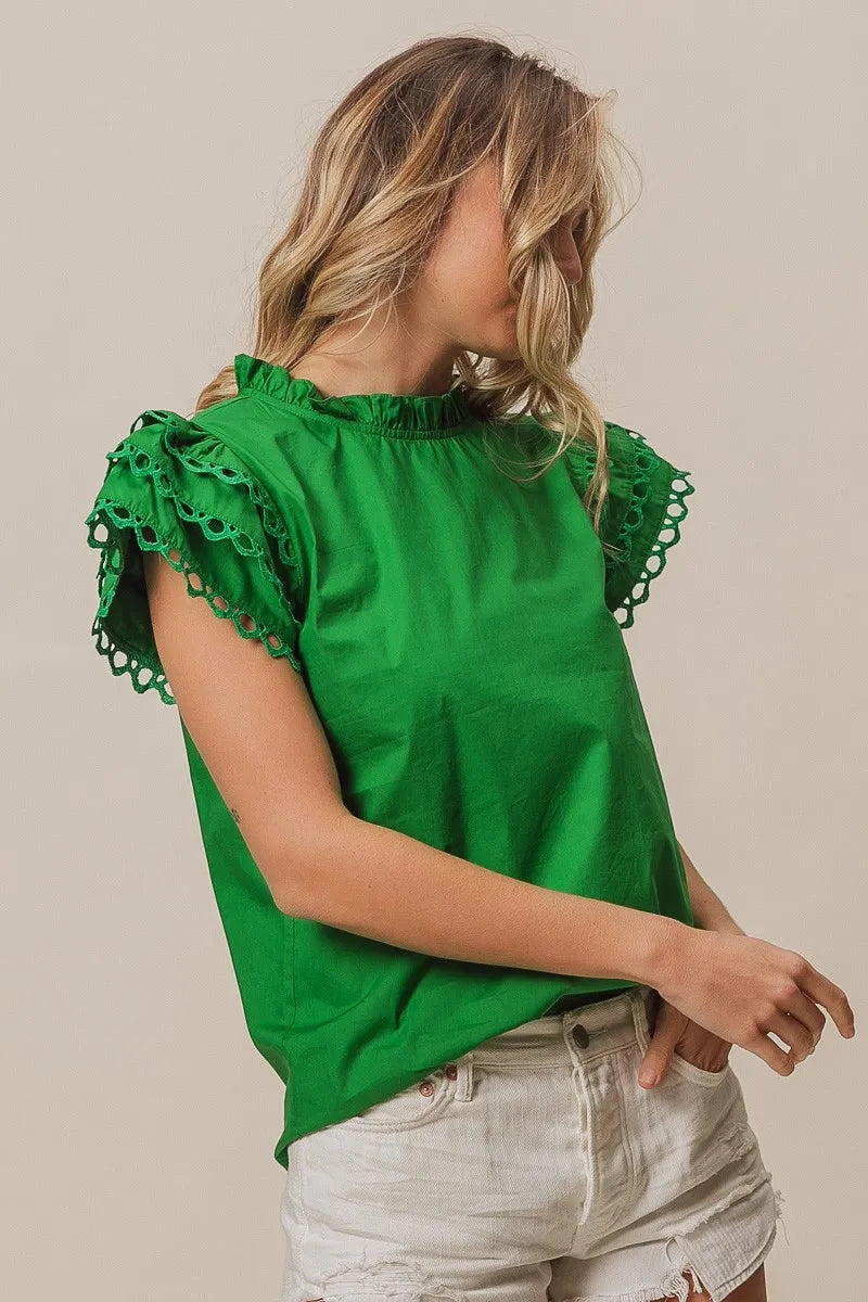 Get trendy with Woven Circle Trim Ruffle Top - Top available at Styles Code. Grab yours today!