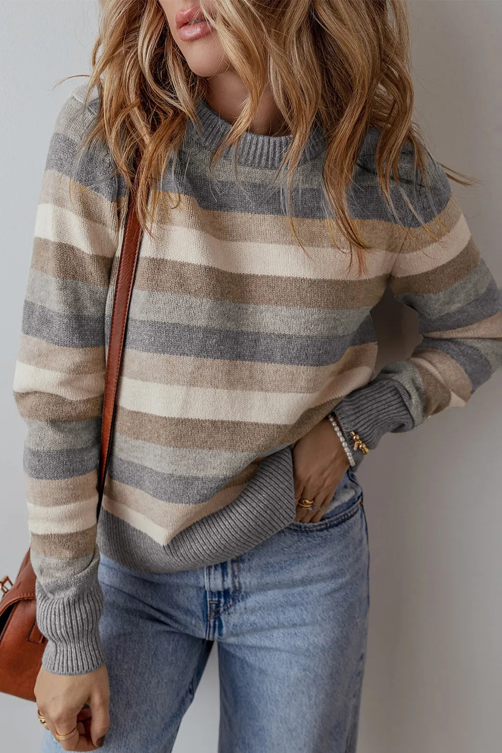 Get trendy with Striped Round Neck Long Sleeve Sweater - Sweaters available at Styles Code. Grab yours today!