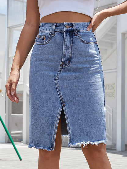 Get trendy with Raw Hem Slit Denim Skirt - Denim Dress available at Styles Code. Grab yours today!