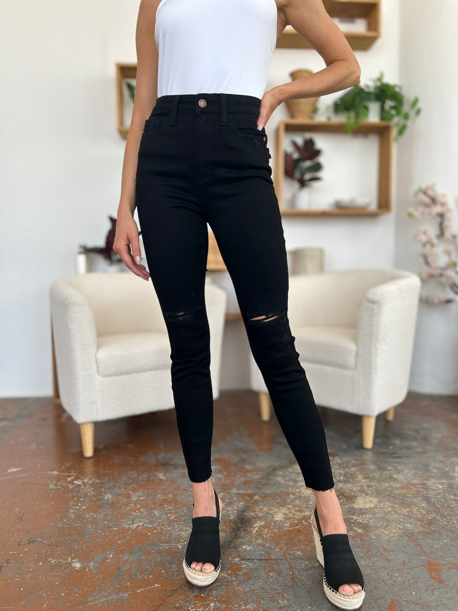 Get trendy with Judy Blue Full Size Distressed Tummy Control High Waist Skinny Jeans - Plus Size available at Styles Code. Grab yours today!