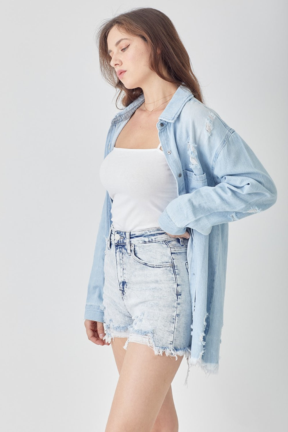 Get trendy with RISEN Raw Hem Distressed High Rise Denim Shorts - Denim Shorts available at Styles Code. Grab yours today!
