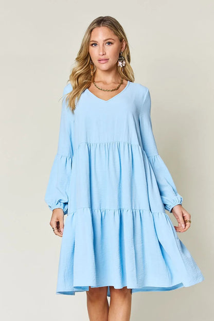 Get trendy with Full Size V-Neck Tiered Dress - Dress available at Styles Code. Grab yours today!