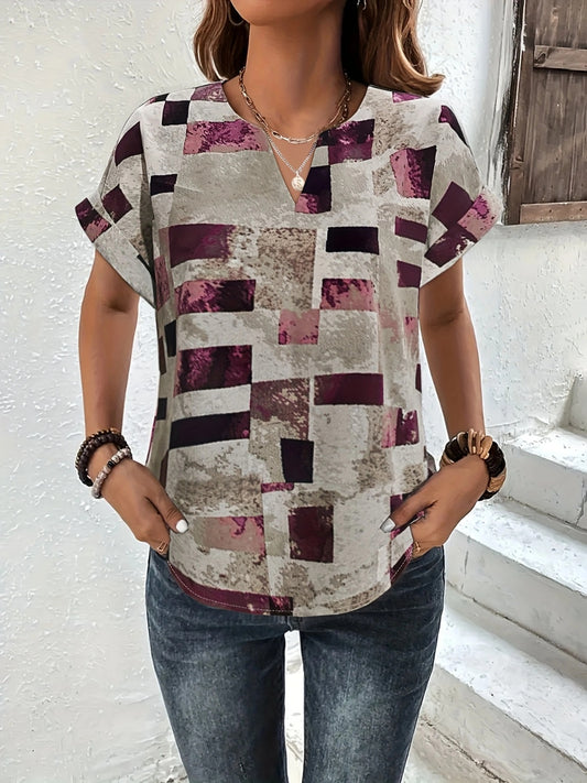 Get trendy with Printed Notched Short Sleeve Blouse - Top available at Styles Code. Grab yours today!