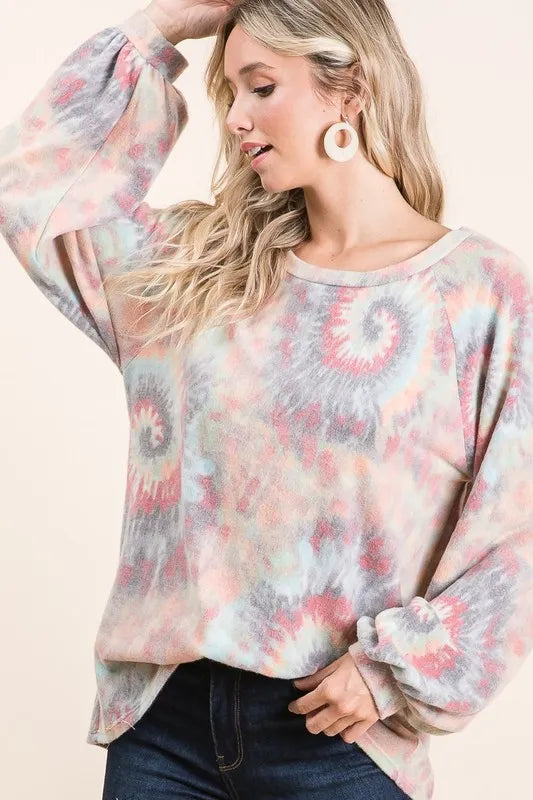 Get trendy with Tie Dye Top with Puff Sleeves - Top available at Styles Code. Grab yours today!