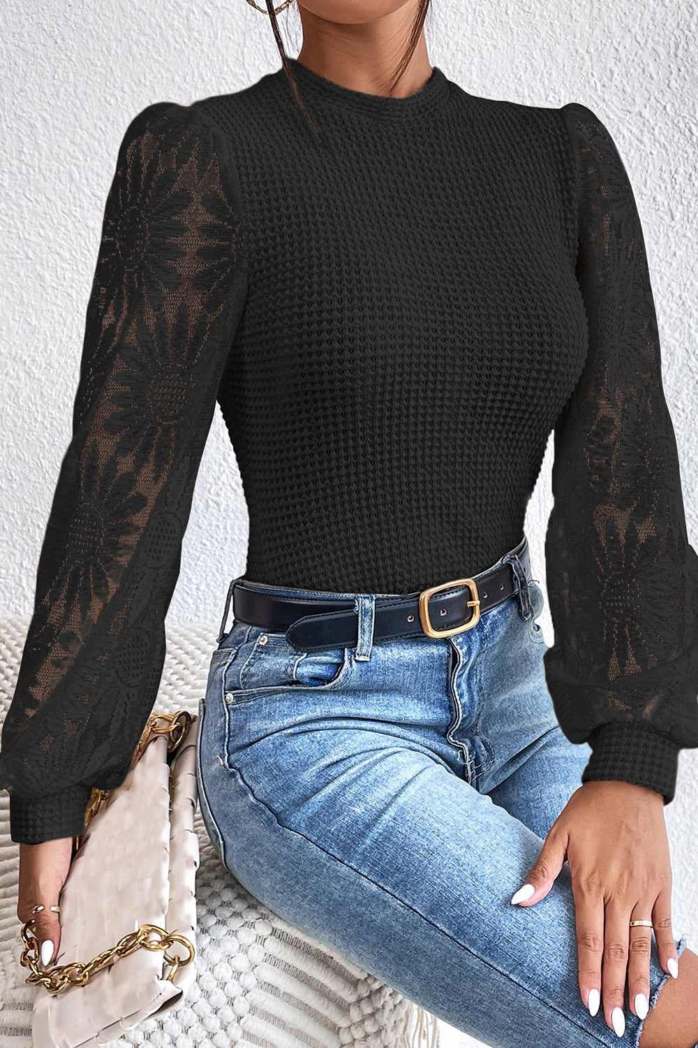 Get trendy with Floral Lace Detail Lantern Sleeve Blouse - Blouse available at Styles Code. Grab yours today!