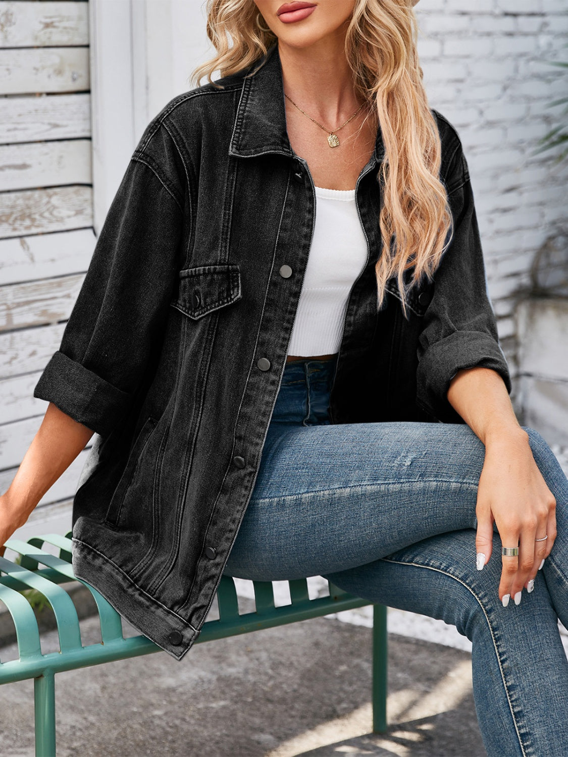 Get trendy with Button Up Long Sleeve Denim Jacket - Denim Jacket available at Styles Code. Grab yours today!