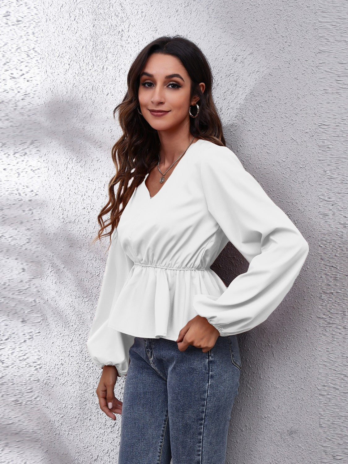 Get trendy with V-Neck Balloon Sleeve Peplum Blouse - Blouse available at Styles Code. Grab yours today!