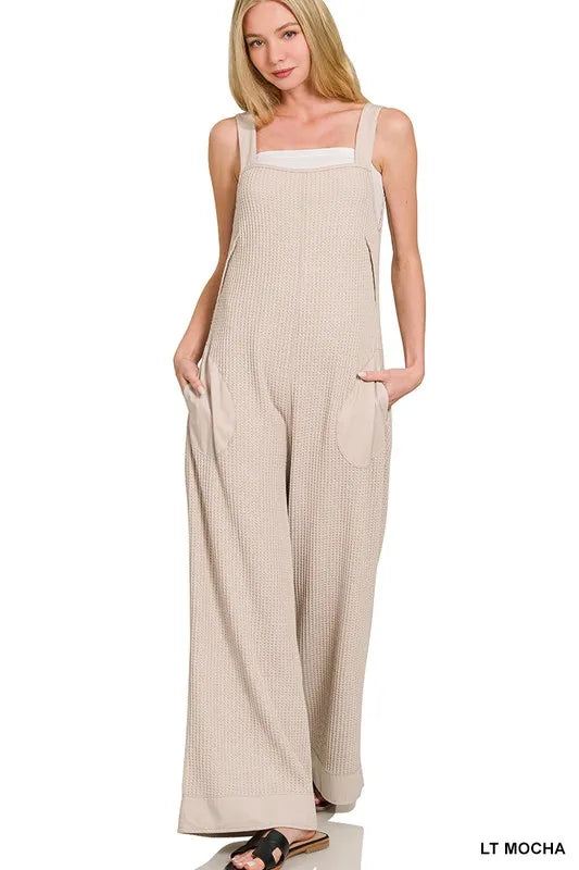 Get trendy with Knit Waffle Wide Leg Overalls - Jumpsuit available at Styles Code. Grab yours today!