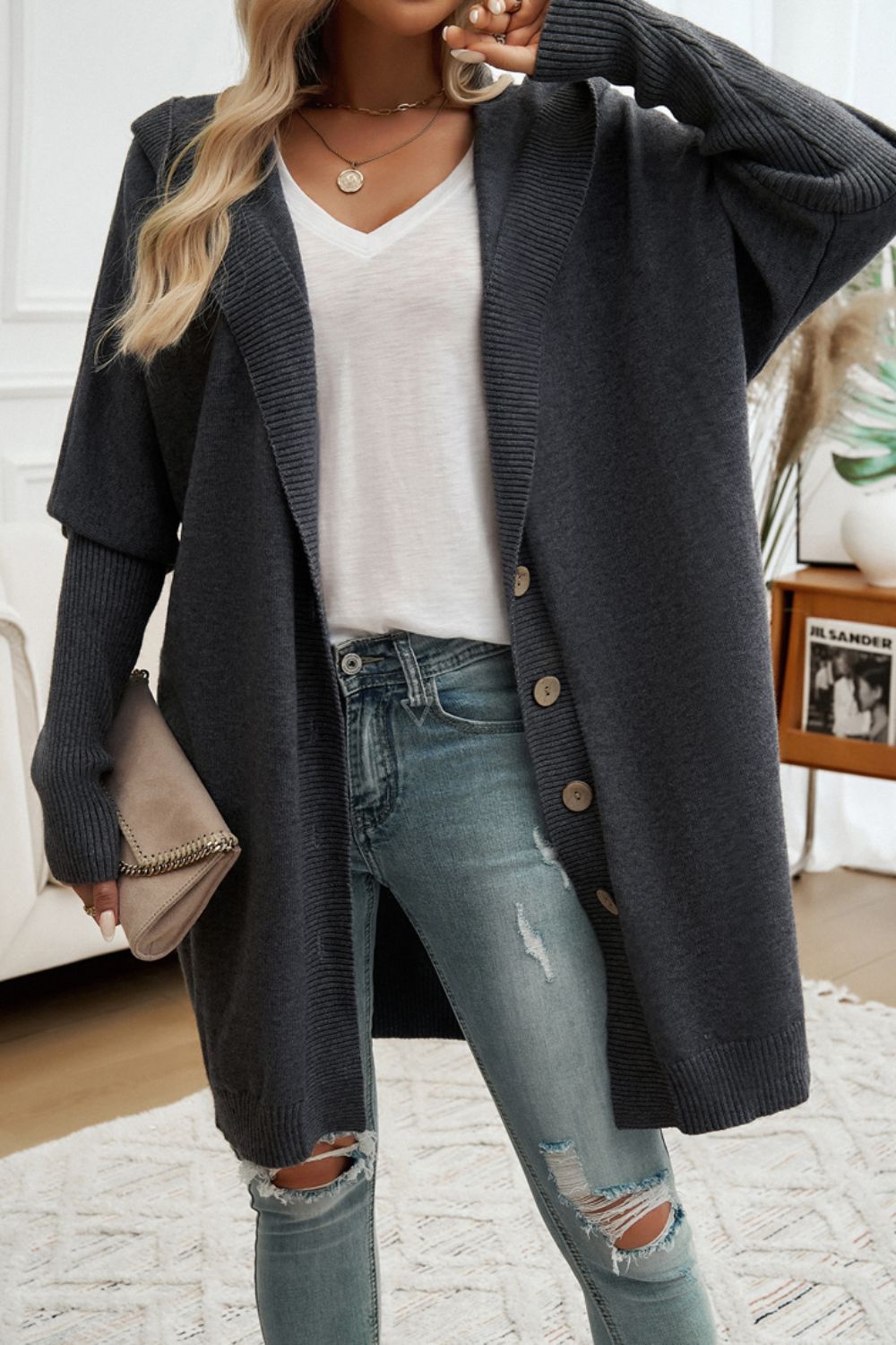 Get trendy with Devine Button Up Long Sleeve Hooded Cardigan -  available at Styles Code. Grab yours today!