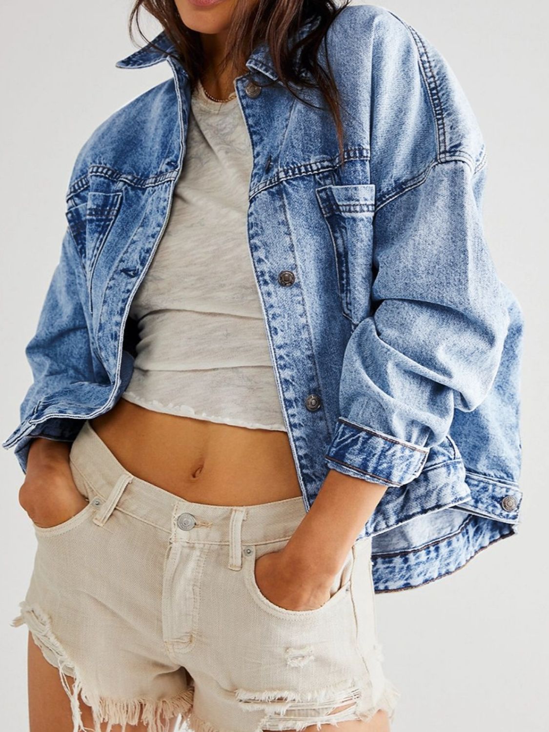 Get trendy with Pocketed Button Up Denim Jacket - Denim Jacket available at Styles Code. Grab yours today!