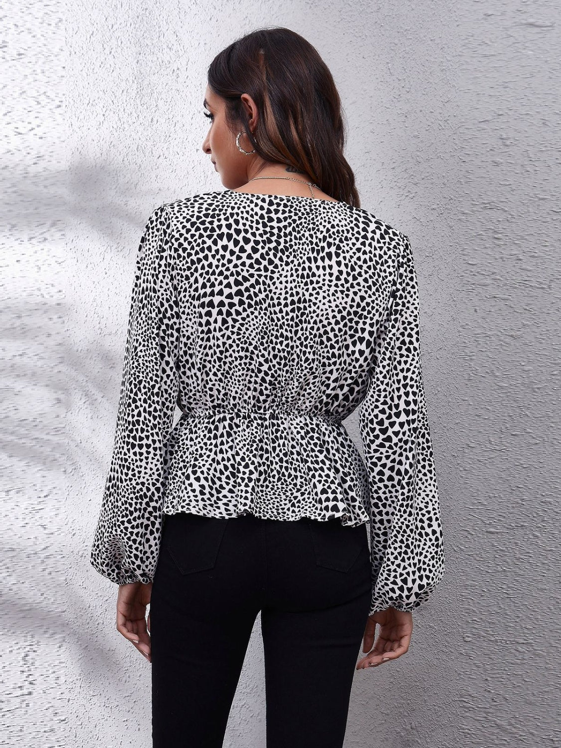 Get trendy with Ruched Printed V-Neck Long Sleeve Blouse - Blouse available at Styles Code. Grab yours today!