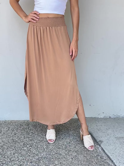 Doublju Comfort Princess Full Size High Waist Scoop Hem Maxi Skirt in Tan