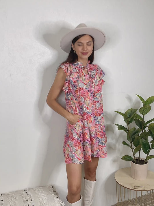 Double Take Floral Tie Neck Cap Sleeve Dress