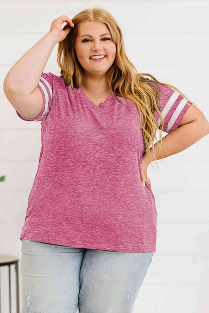 Get trendy with Plus Size Striped V-Neck Tee Shirt - T-Shirt available at Styles Code. Grab yours today!