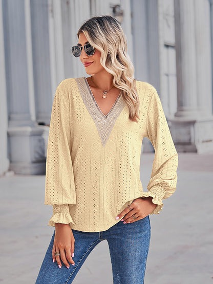 Get trendy with V-Neck Eyelet Flounce Sleeve Blouse - Tops available at Styles Code. Grab yours today!