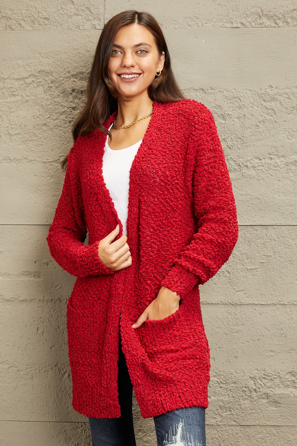 Get trendy with Full Size Open Front Popcorn Cardigan - Cardigan available at Styles Code. Grab yours today!