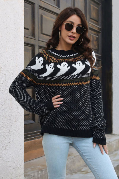 Get trendy with Ribbed Round Neck Long Sleeve Pullover Sweater - Halloween Clothes available at Styles Code. Grab yours today!