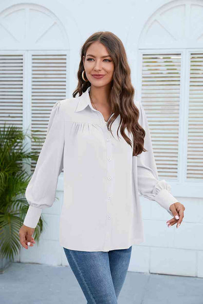 Get trendy with Puff Sleeve Collared Neck Shirt - Shirt available at Styles Code. Grab yours today!