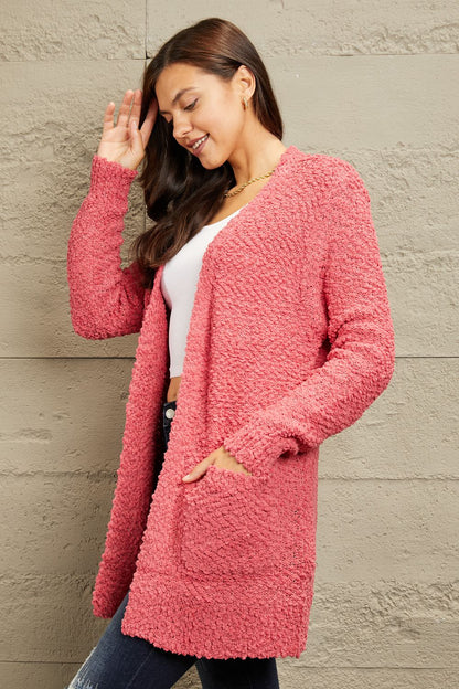 Get trendy with Zenana Falling For You Full Size Open Front Popcorn Cardigan - Luxe available at Styles Code. Grab yours today!