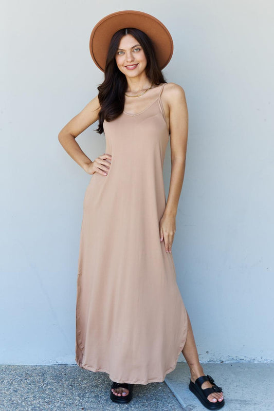 Get trendy with Full Size Cami Side Slit Maxi Dress in Camel -  available at Styles Code. Grab yours today!