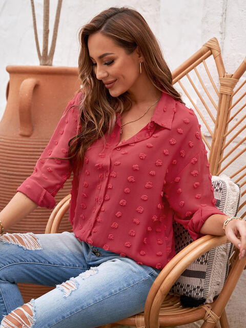 Get trendy with Swiss Dot Drop Shoulder Shirt - Shirt available at Styles Code. Grab yours today!