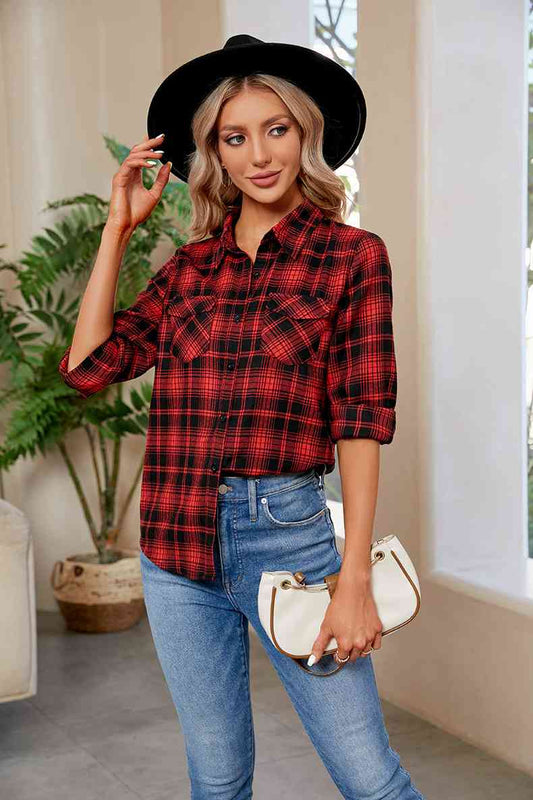 Get trendy with Plaid Curved Hem Long Sleeve Shirt - Shirt available at Styles Code. Grab yours today!