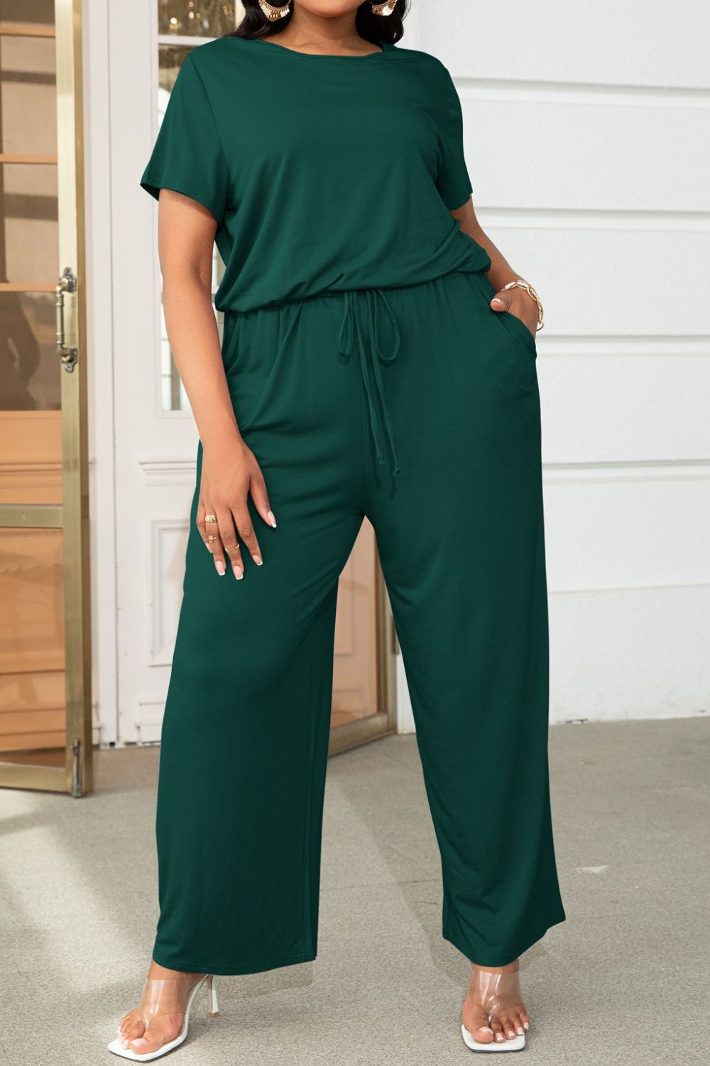 Get trendy with Plus Size Drawstring Waist Short Sleeve Jumpsuit - Plus size available at Styles Code. Grab yours today!