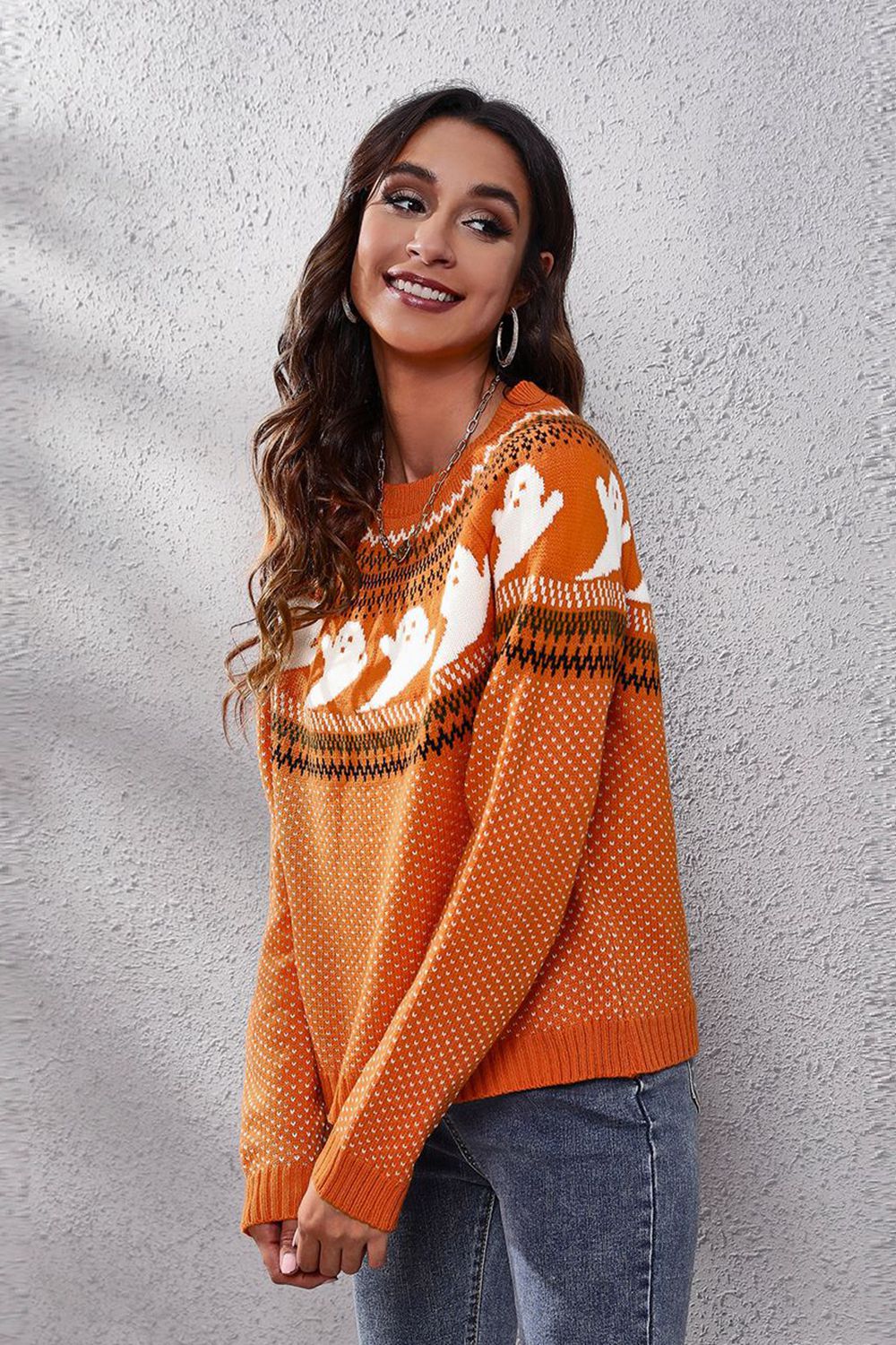 Get trendy with Ghost Pattern Round Neck Long Sleeve Sweater - Halloween Clothes available at Styles Code. Grab yours today!