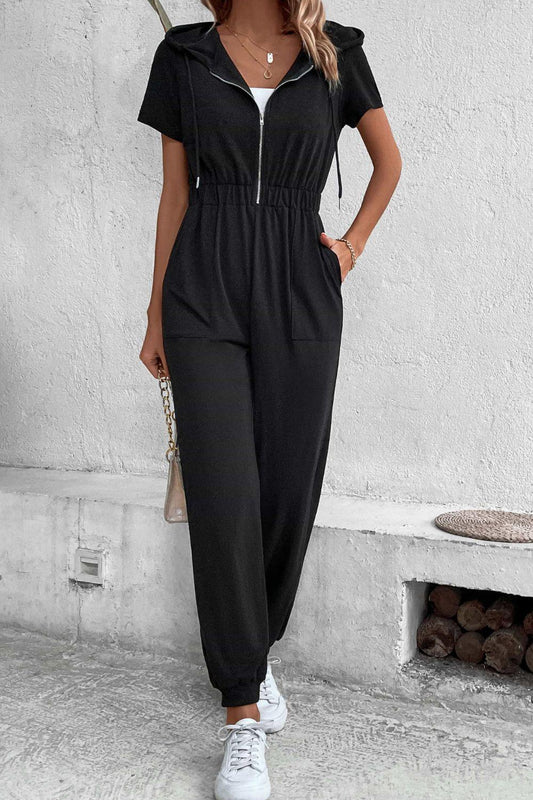 Get trendy with Zip-Up Short Sleeve Hooded Jumpsuit with Pockets - Jumpsuits available at Styles Code. Grab yours today!