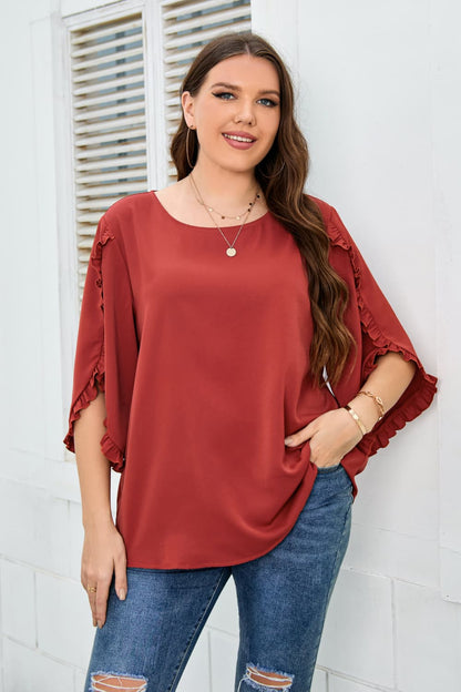 Get trendy with Plus Size Round Neck Frill Trim Blouse - Plus Size available at Styles Code. Grab yours today!