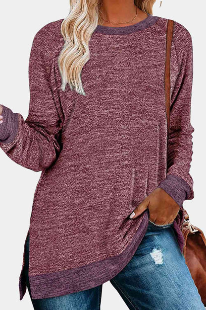 Get trendy with Round Neck Long Sleeve Slit T-Shirt - Shirt available at Styles Code. Grab yours today!